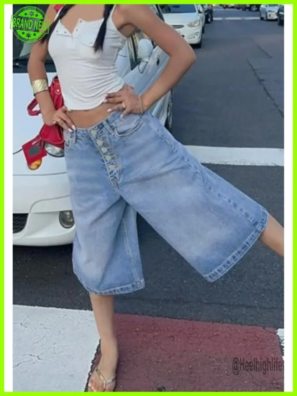 Women's High Waist Wide Leg Bermuda Jean Shorts Stretchy Denim Capris